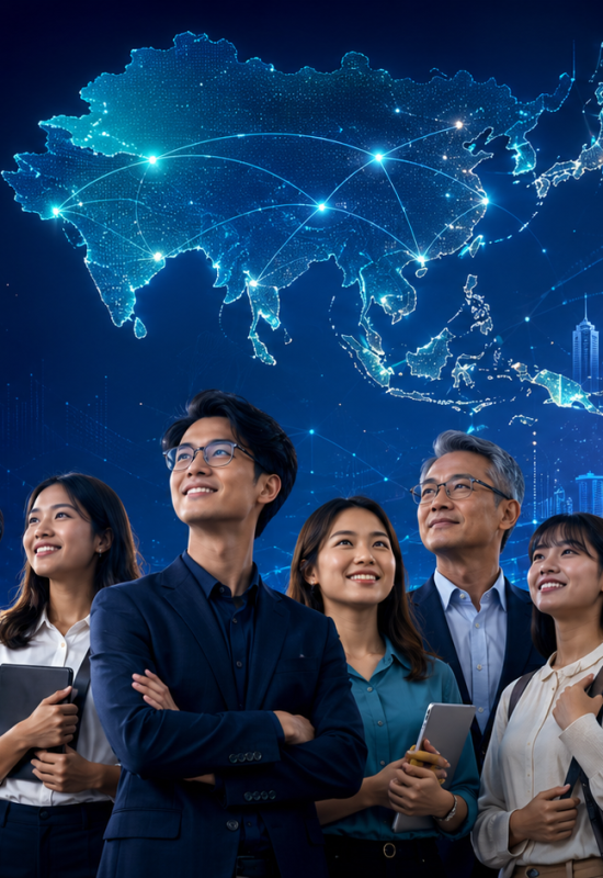 A group of young adults with Mentors - Asia Map